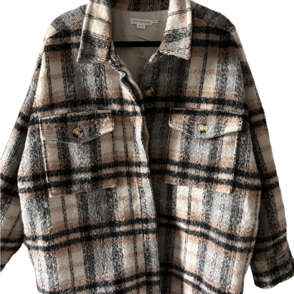 NWT Good American Plaid Shacket in Neutral‎ - Picture 2 of 7